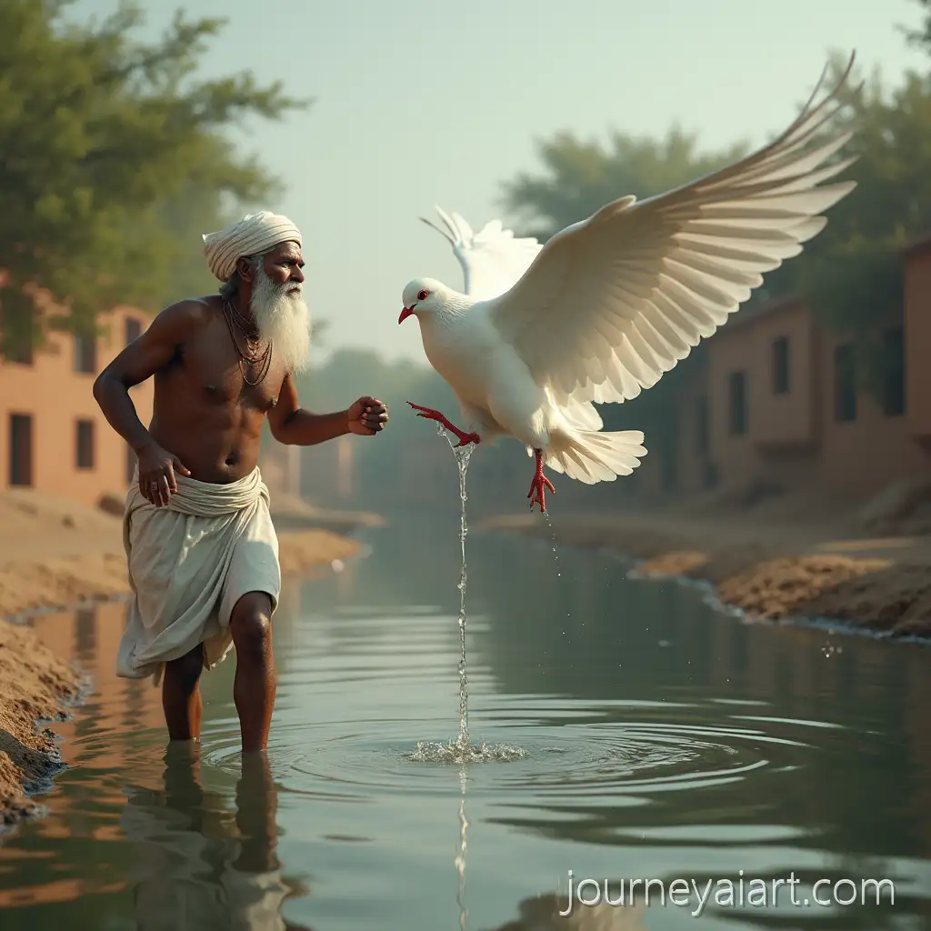 Realistic-3D-White-Pigeon-Carrying-Water-AboveWhite-pigeon-flying-over-river-River-in-Indian-Rural-Village