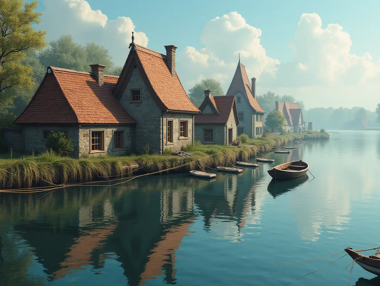 Dreamlike houses next to a river with fishing nets and a small boat.