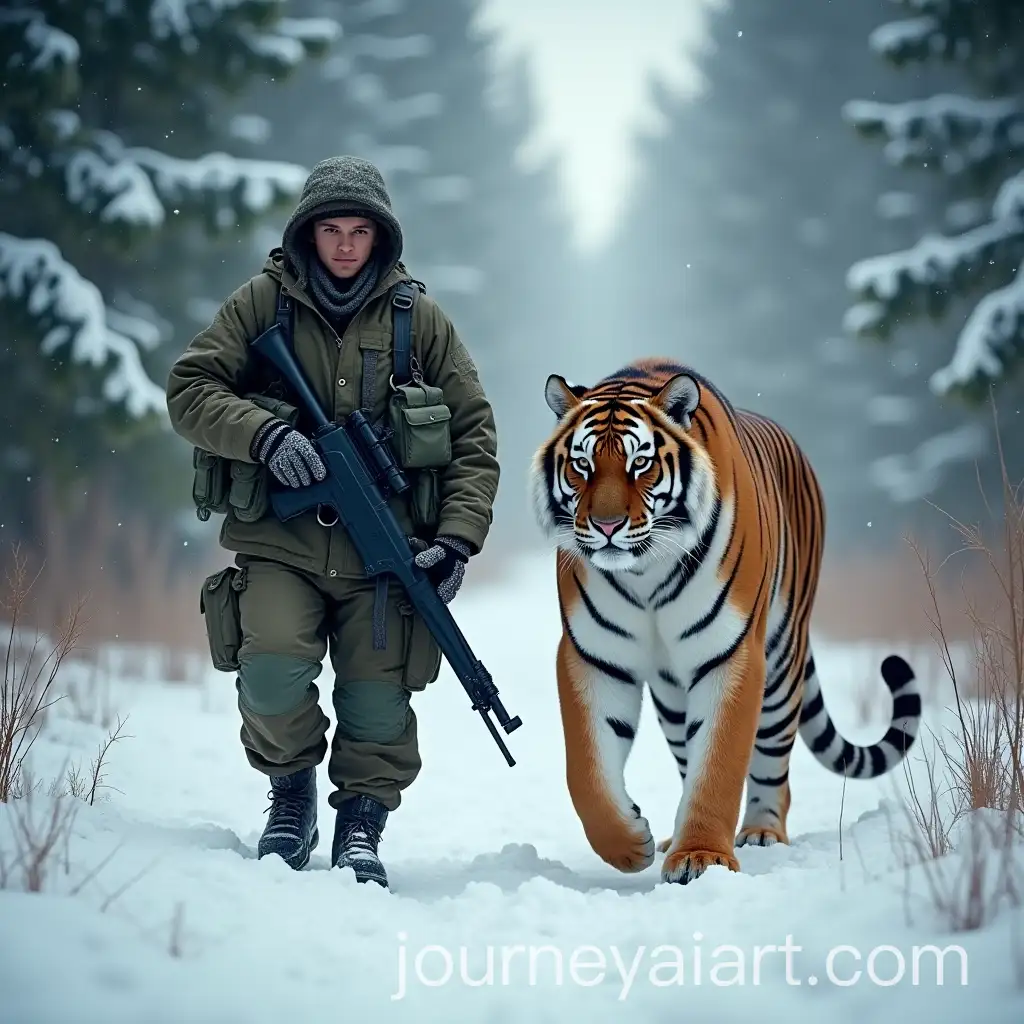 Siberian-Tiger-and-Soldier-Walking-Through-Snowy-Forest-Together