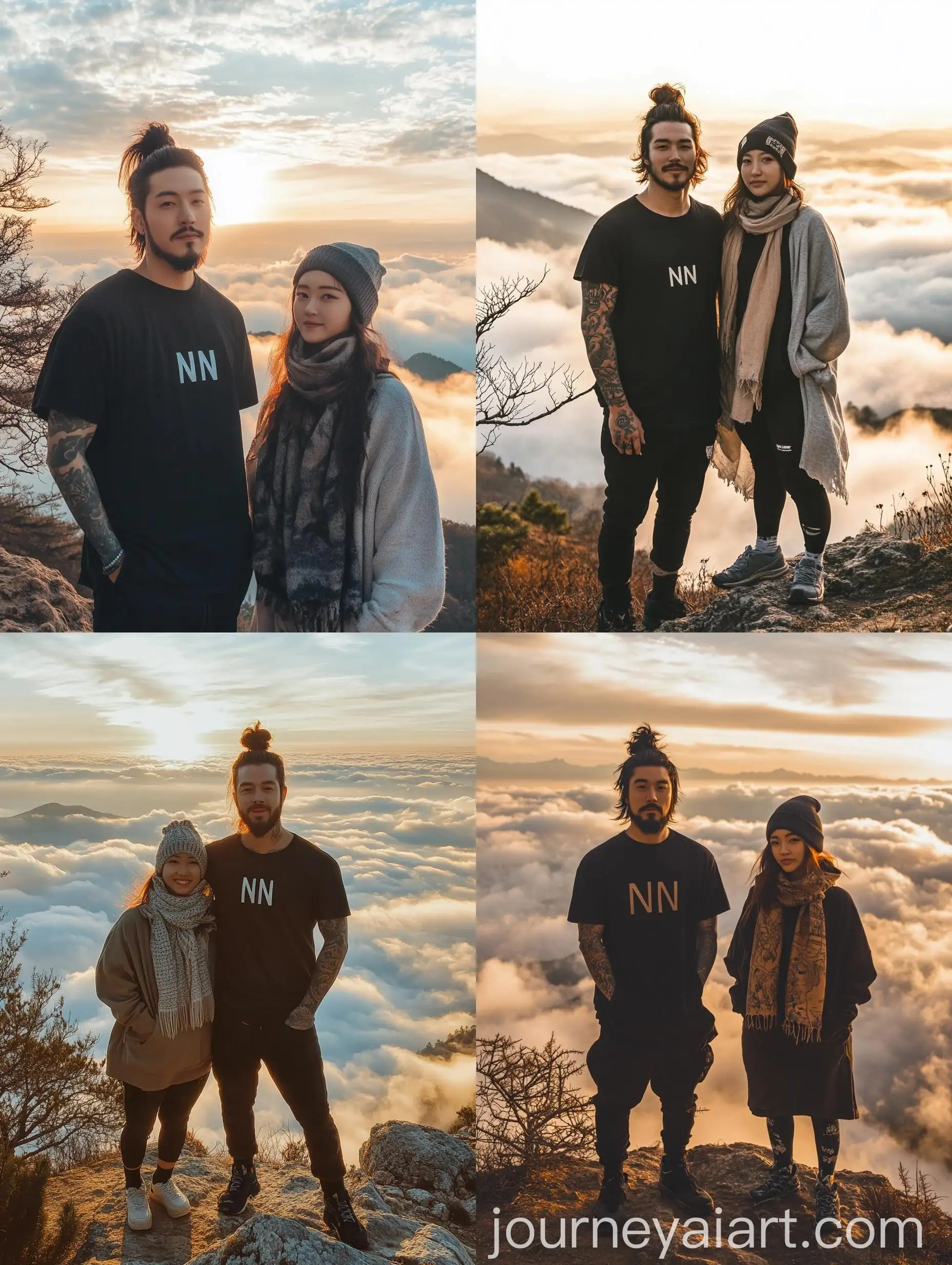 Couple-Standing-on-Rocky-Edge-Above-Clouds-at-Sunrise