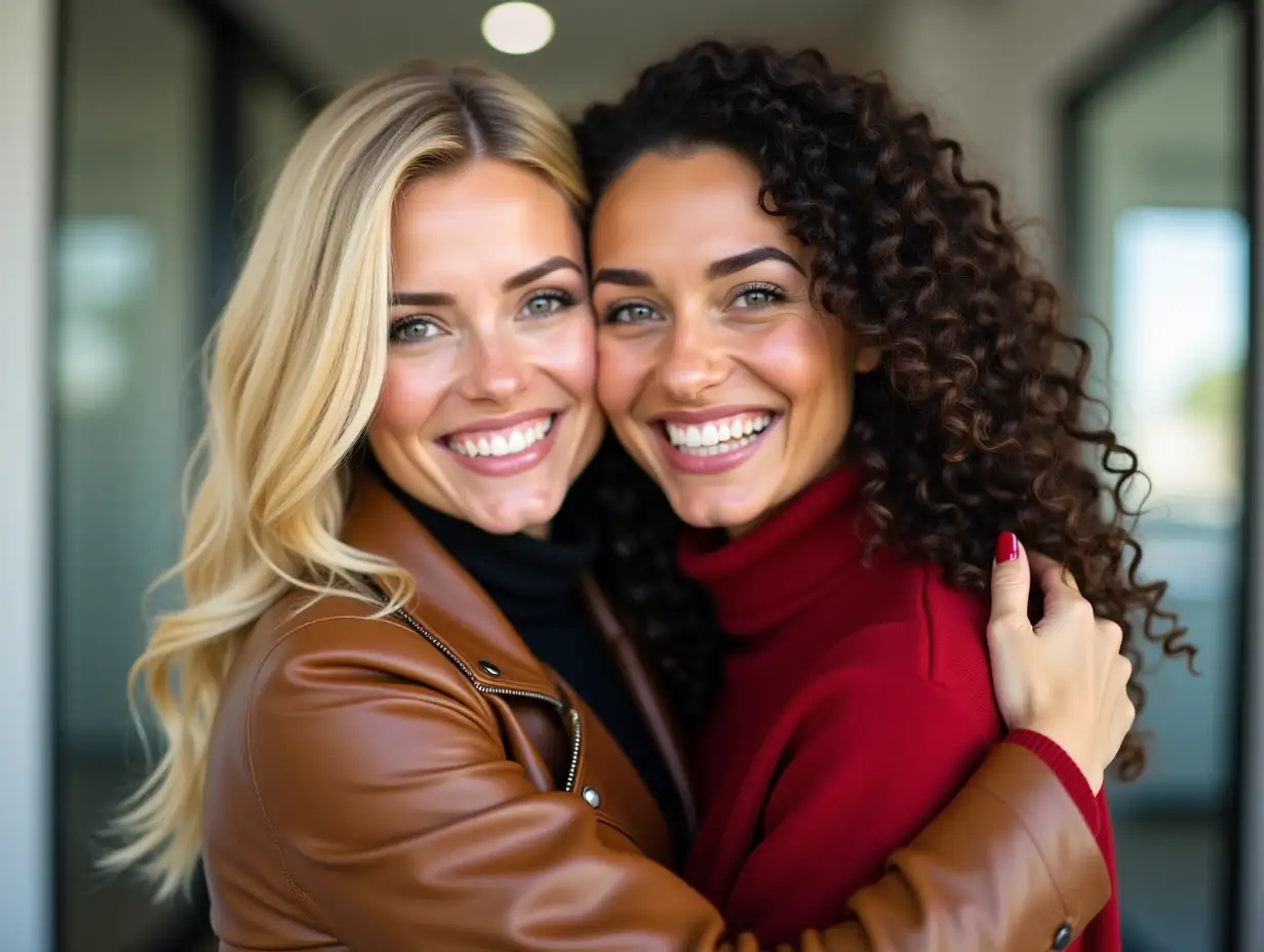 Two beautiful women hugging in an office. The bleached blonde woman on the left is wearing an elegant brown leather jacket, her hair styled in loose waves, looking radiant. The woman on the right is wearing a red turtleneck sweater, her dark brown, curly hair falling to her collar, contrasting with her pale skin, as she smiles warmly at the viewer. Both women are happy and smiling.