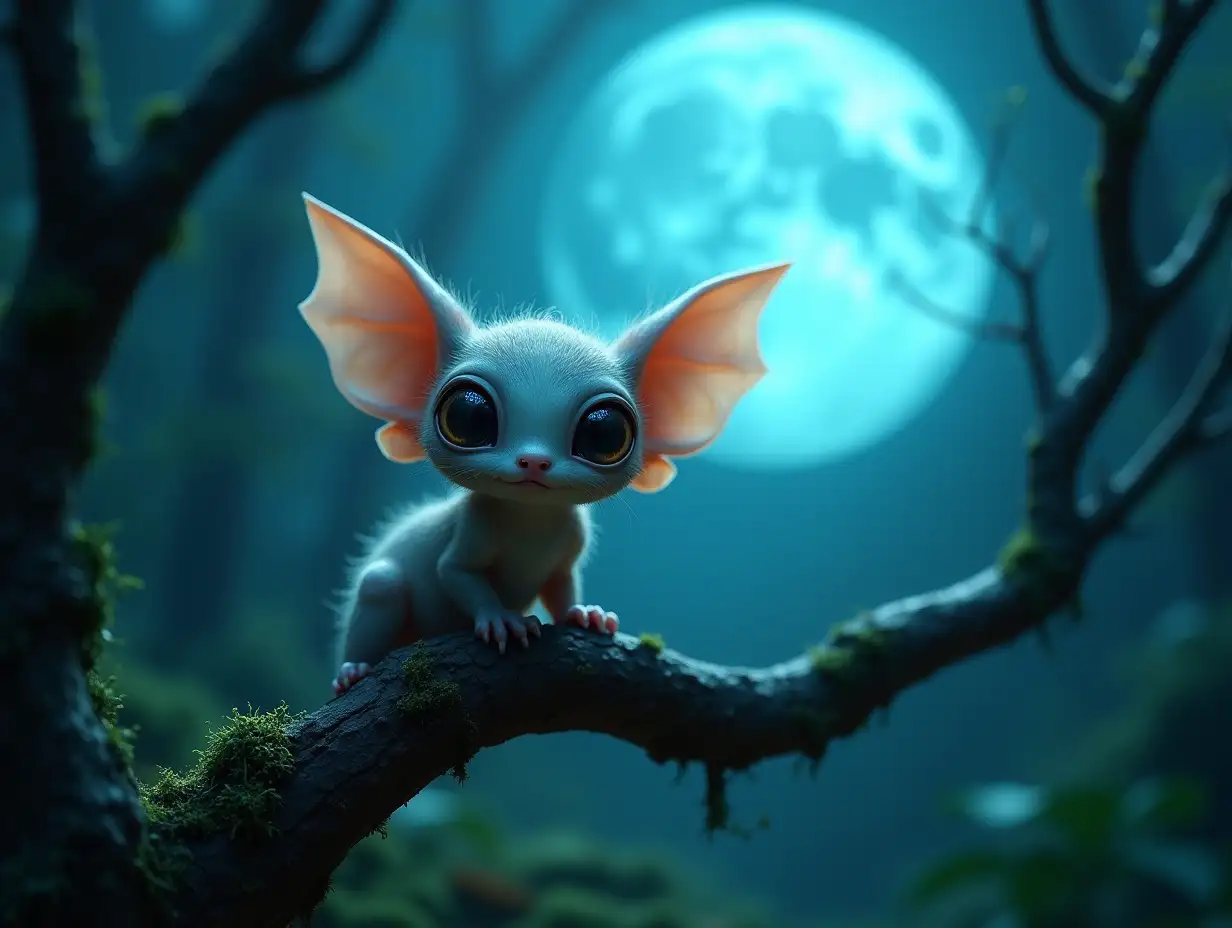 A whimsical and enchanting scene featuring a tiny, big-eyed creature perched on a twisted branch in a dense, mystical forest. The creature has a delicate, almost otherworldly appearance, with large, shiny eyes and translucent, bat-like ears that catch the soft moonlight. Its skin is textured and slightly rough, giving it an ancient, wise look despite its small size. In the background, a large, luminous blue moon casts a gentle glow over the scene, highlighting the intricate details of the creatures form