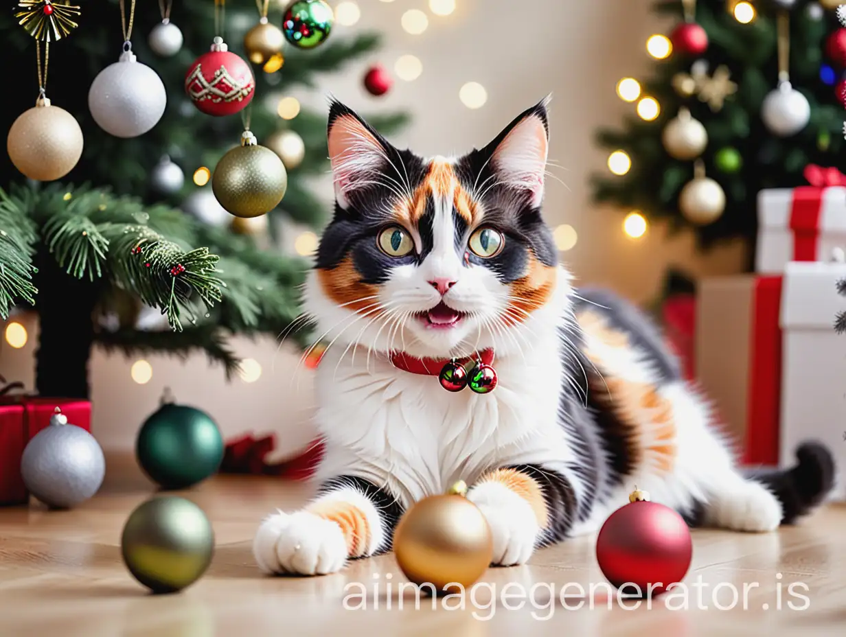 Calico-Cat-Joyfully-Playing-with-Christmas-Baubles-Near-a-Festively-Decorated-Tree