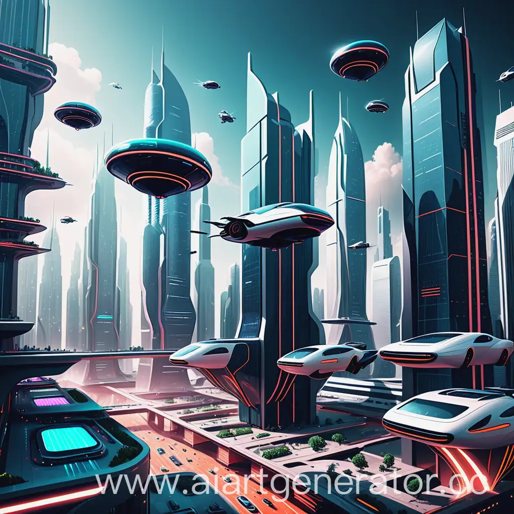 A technological city of the future with skyscrapers and flying cars in restrained colors