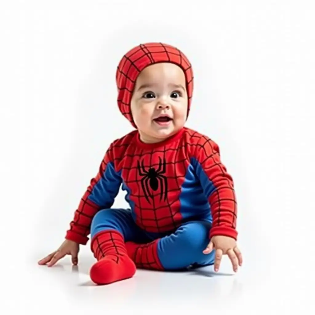 A baby dressed as a spider man, spinning webs on a white background.