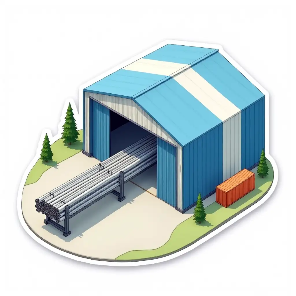 A curved cut-out laminated sticker with an image of an industrial hangar painted in alternating blue and white vertical stripes, a hangar with a blue gable roof, bundles of shiny metal pipes on a pipe overpass made of metal trusses are directed towards it from the perspective of the observer. In the background are thin fir trees and one small bright orange shipping container. Isometric view from above. Cut sticker design, high resolution, white background, paint in anime style