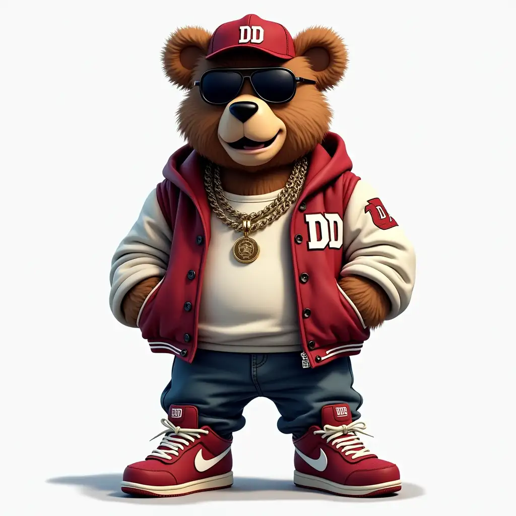 hip modern bear with exaggerated  facial features, in good shape , standing forward . Wearing a lettermen jacket emblazend with a letter DD , sunglasses and chains and  baseball cap and nike shoes with  a transparent background