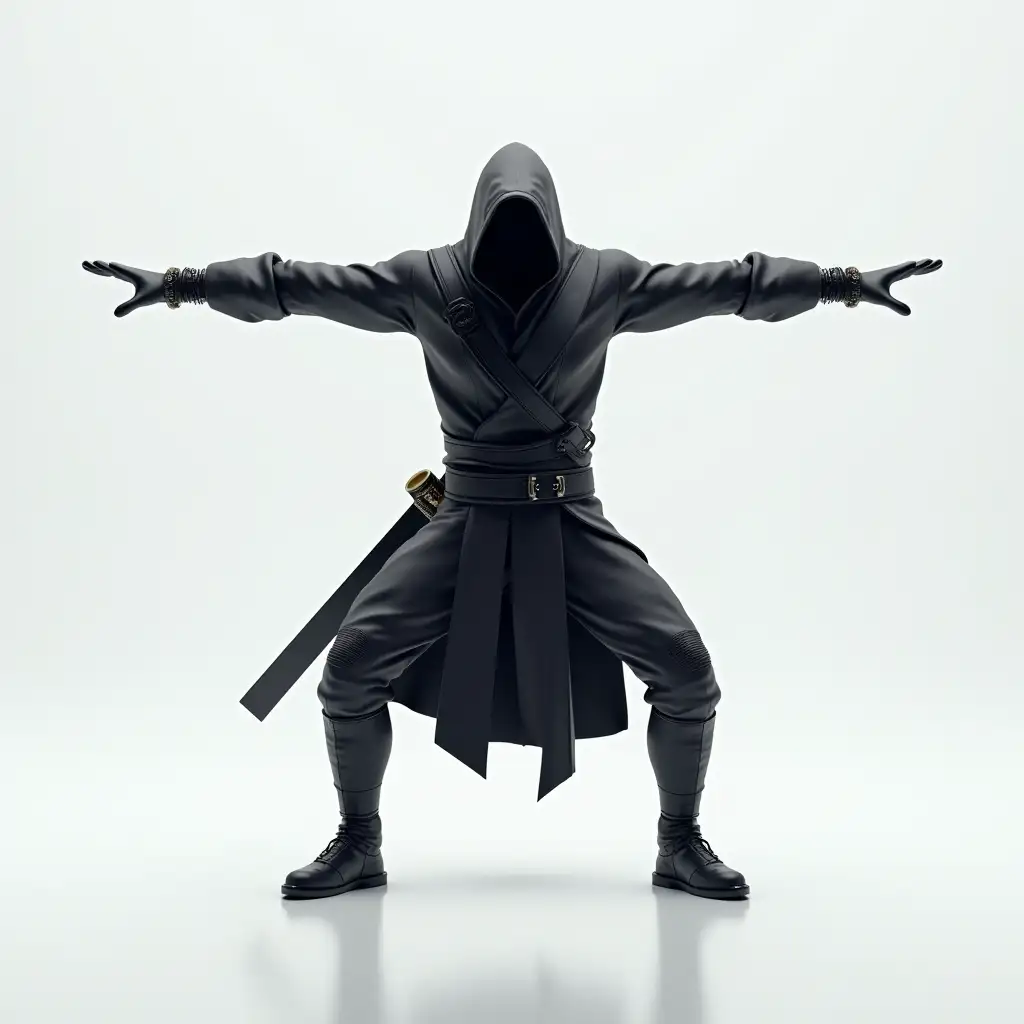 3D render of a cyberpunk swordsman in a perfect T-Pose (arms fully extended horizontally), hands fully closed into fists, cinematic lighting, high detail textures, neutral white background, symmetrical, center frame, ultra-realistic, high-resolution