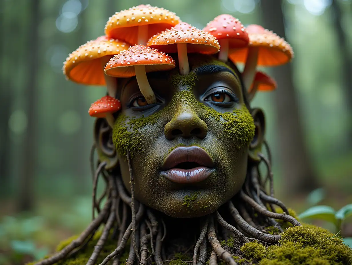 Face with colorful mushroom in mouth roots transformed into building in the forest