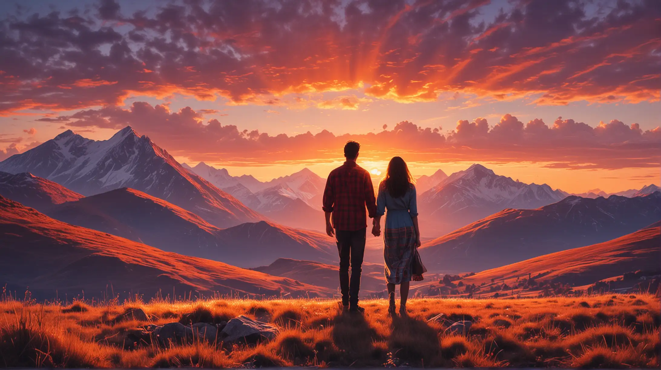 Romantic Couple Embracing at Sunset Over Majestic Mountains