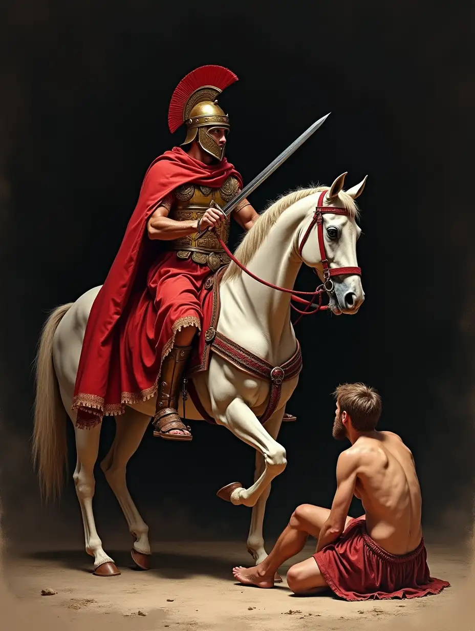 draw a roman soldier from 325 on horseback cutting his scarlet cloak with his sword to give half to a scantily clad beggar on the ground with a dark background