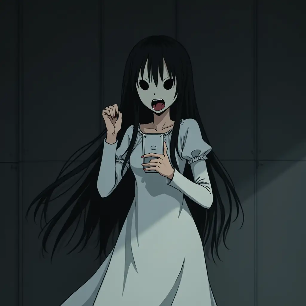 A girl in a long white dress. She has creepy long black hair. She is wearing a white mask with black holes for eyes on her face. She looks angry and screams and gesticulates? raising her fist at her phone. Whole picture is dark and creepy. Anime style.