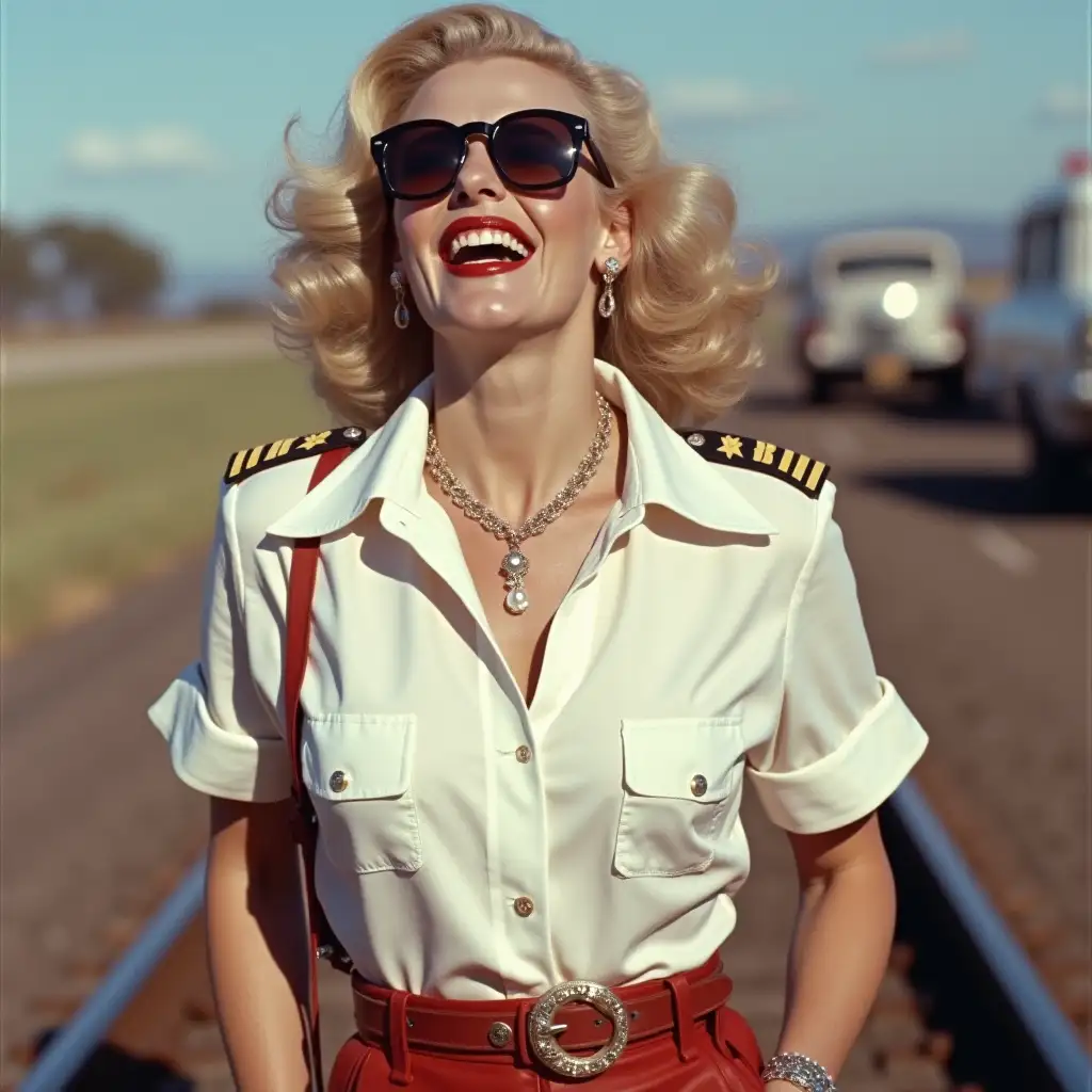 Rita Hayworth and marlyn monroe, wearing an white pilot shirt, laughing with her mouth open, red lipstick accentuating her smile, jewerly, aviator sunglasses, white skin, whip in hand, smoking cigarette, walking on rails, australia