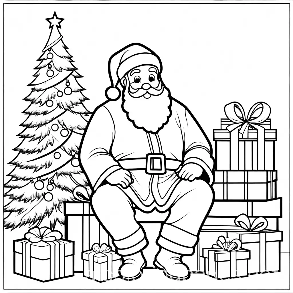 Line art Christmas santa with presents, Coloring Page, black and white, line art, white background, Simplicity, Ample White Space. The background of the coloring page is plain white to make it easy for young children to color within the lines. The outlines of all the subjects are easy to distinguish, making it simple for kids to color without too much difficulty