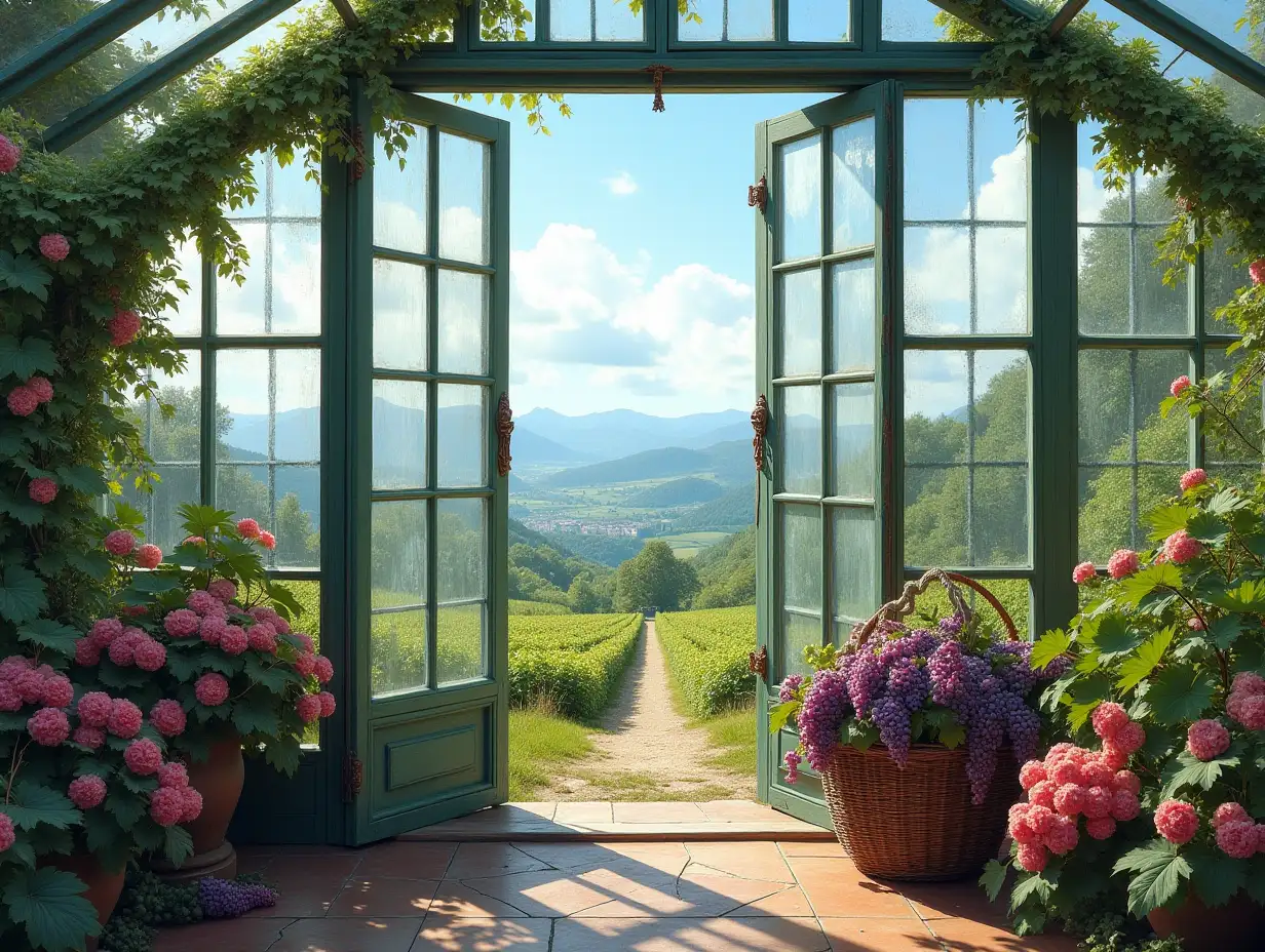 a large and beautiful glass greenhouse decorated with flowers, with a basket of grapes next to it, overlooking a magnificent view