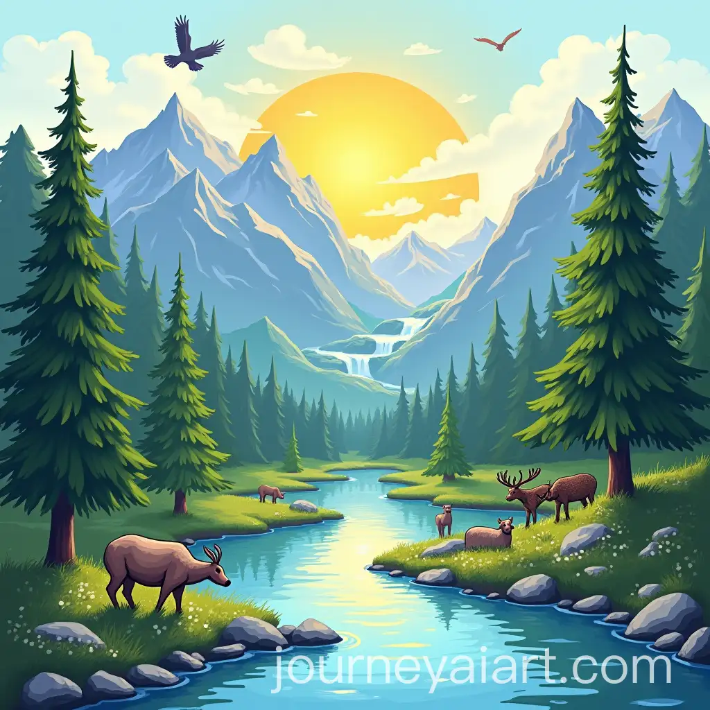Natural-Landscape-with-Mountains-Trees-Waterfall-Sun-Birds-and-Grazing-Animals