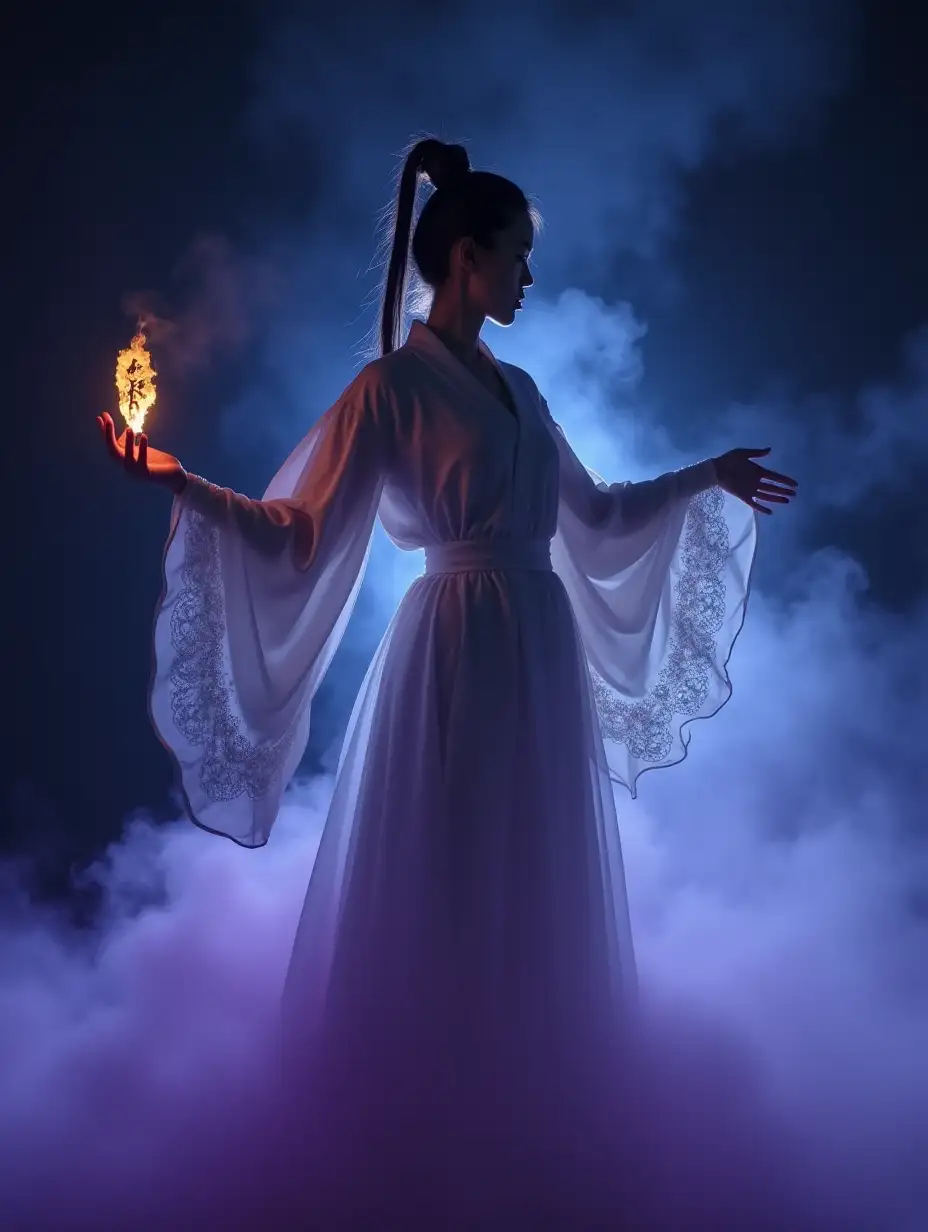 Full body view from head to toe, a beautiful Chinese lady in white, a modern-day ronin, shrouded in neon-lit darkness. Her silhouette reveals a sorcerer possessed by a kind spirit. Her left hand holds a piece of yellow Taoist symbols between her index and middle fingers . Epic, cinematic still frame, sharp focus, craft a hyper-realistic photo of the most attractive and beautiful Wuxia girl wearing a lace hanfu, white robe, fighting, strong dynamic , The body is surrounded by purple mist, runes surround you, tai chi martial arts action ,