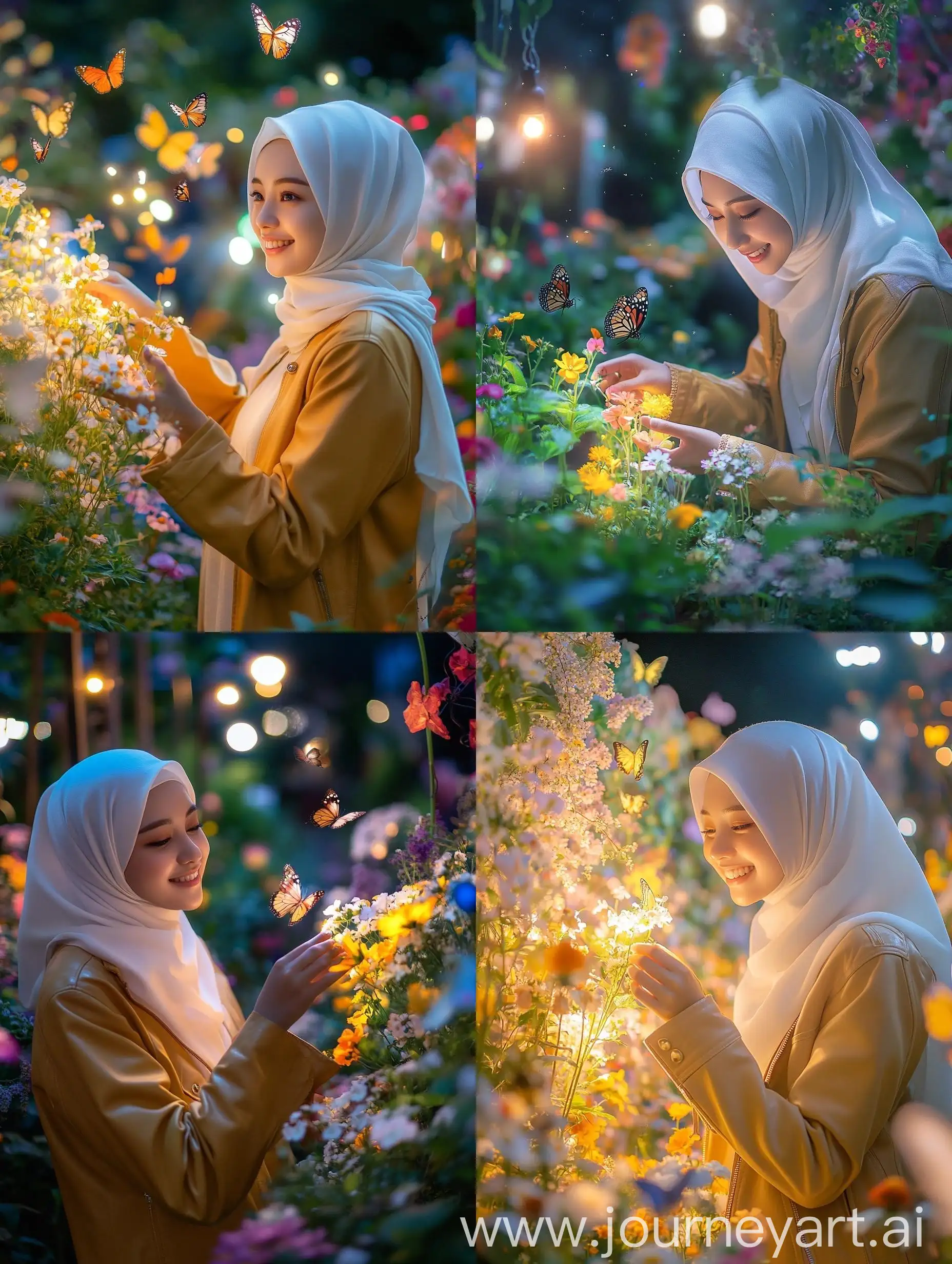 Young-Korean-Woman-in-White-Hijab-and-Mustard-Yellow-Leather-Jacket-Touching-Flowering-Plant-in-Vibrant-Garden-Under-Full-Moon