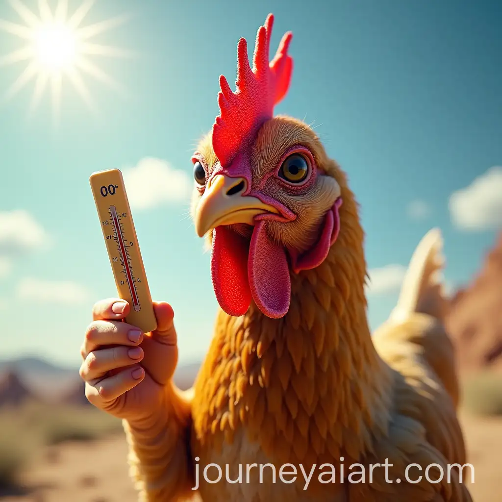 Exhausted-Chicken-Holding-Thermometer-in-Scorching-Heat