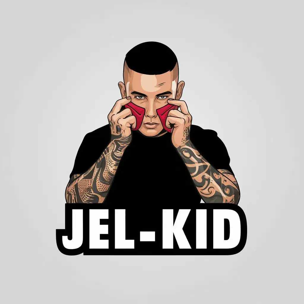 LOGO Design for JELKiD Guy with Short Shaved Hair and Tattooed Arms Holding a Red Mask