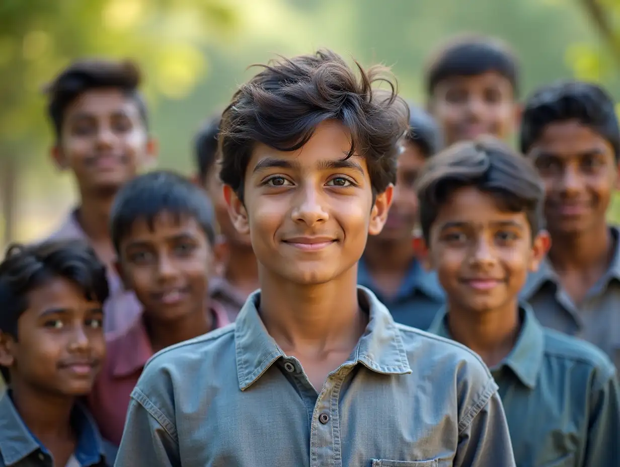 Group of 10 indian 14 years old boys with a leader