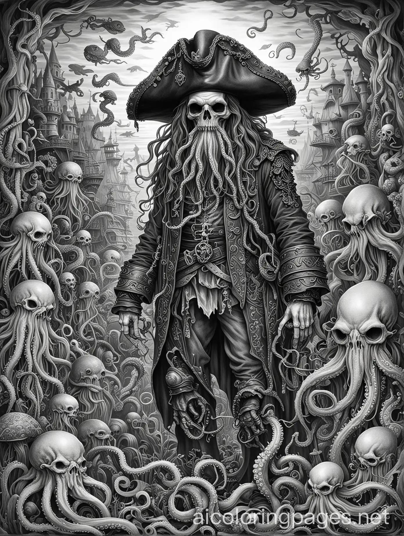 No colors, no shades, no fillings. A coloring book image of a group of fantastical creatures, seemingly from a maritime or underwater setting. The central figure is a humanoid with an octopus-like head, long tentacles, and a pirate-like hat adorned with various trinkets. Surrounding this central figure are other creatures, each with unique and grotesque features. Some have skeletal appearances, while others have more organic and decaying looks. The overall ambiance of the image is eerie and mysterious, suggesting a scene from a dark fantasy or horror narrative.