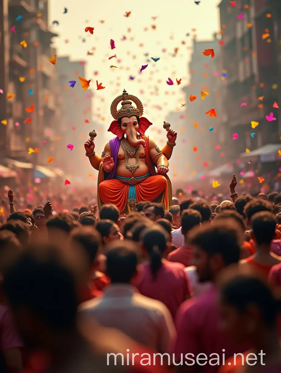 Vibrant Indian Street Festival Dancing Crowd and Lord Ganesh Idol