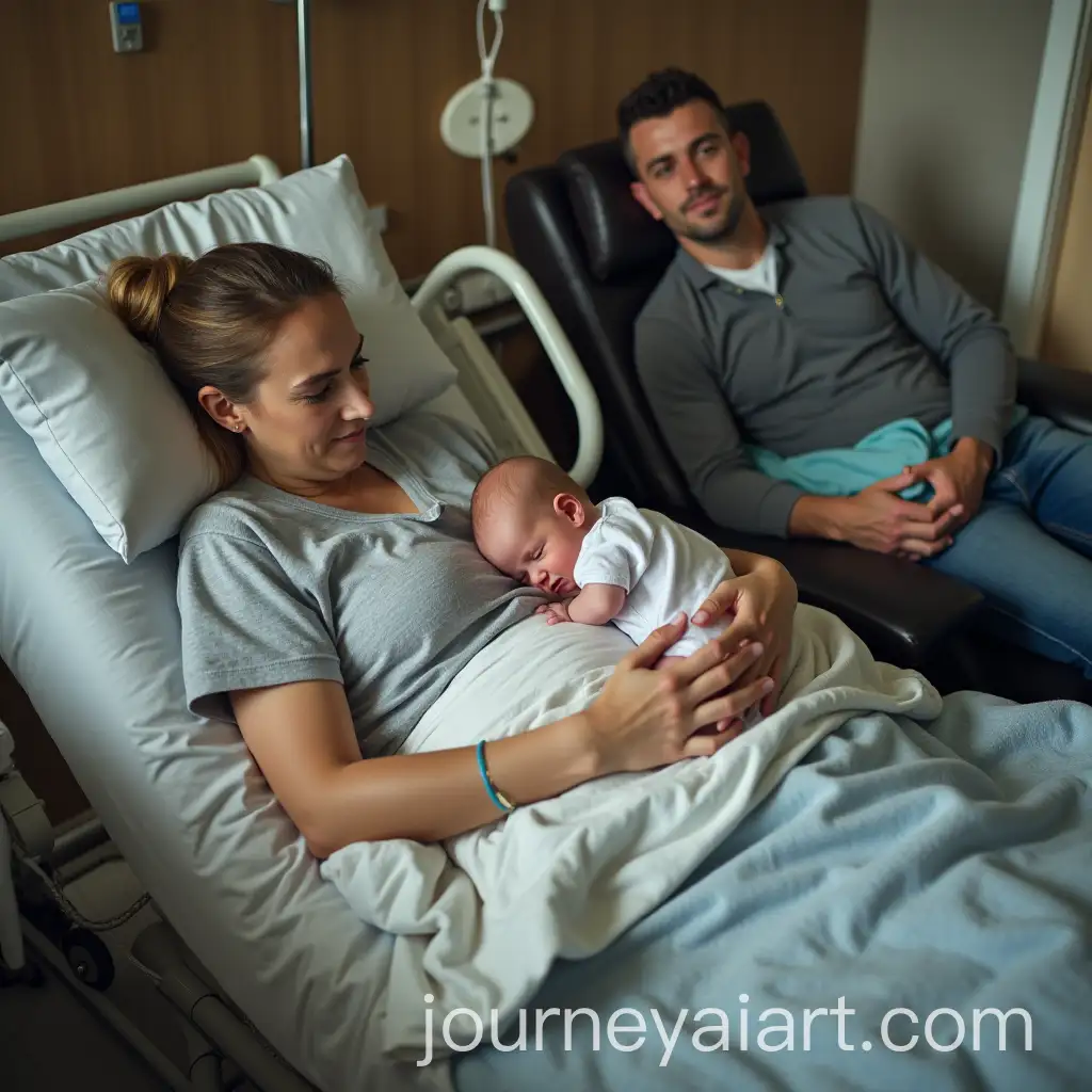 Exhausted-Mother-in-Hospital-Bed-with-Husband-and-Newborn-Baby