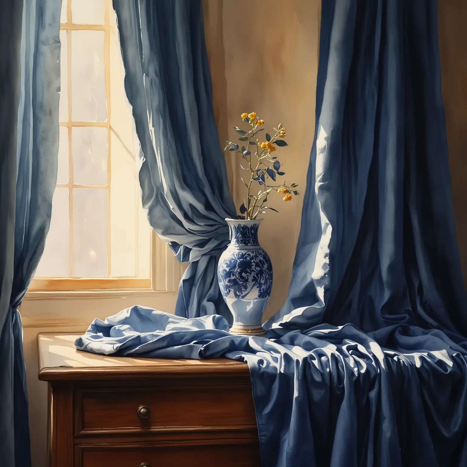 Watercolor-Still-Life-with-Warm-Lighting-and-Blue-Drapery