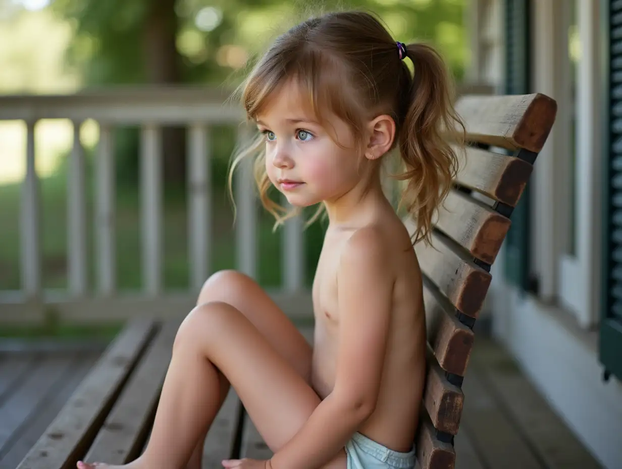 Slender-Girl-with-Pigtails-Sitting-on-Porch-Bench-Side-View