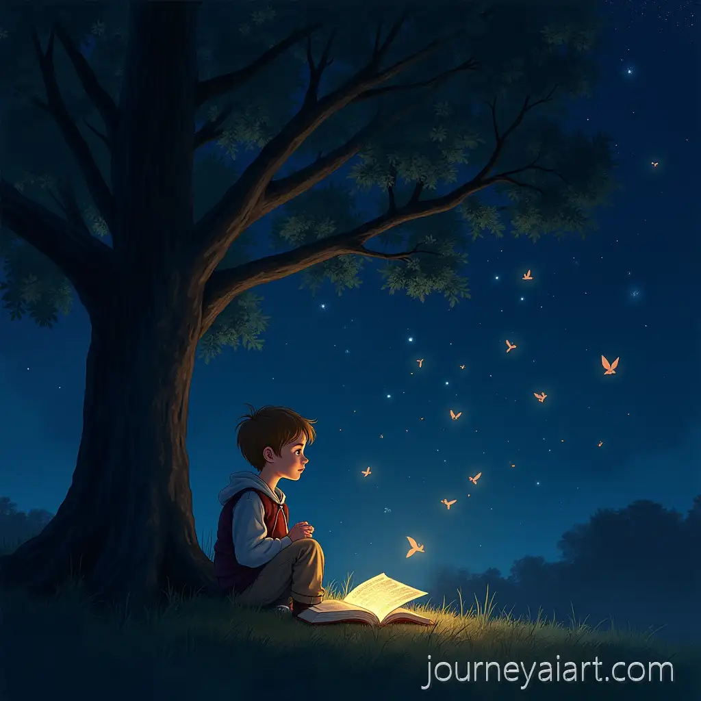 Child-and-AI-Spirit-Watching-Glowing-Storybook-Pages-Transform-into-Constellations