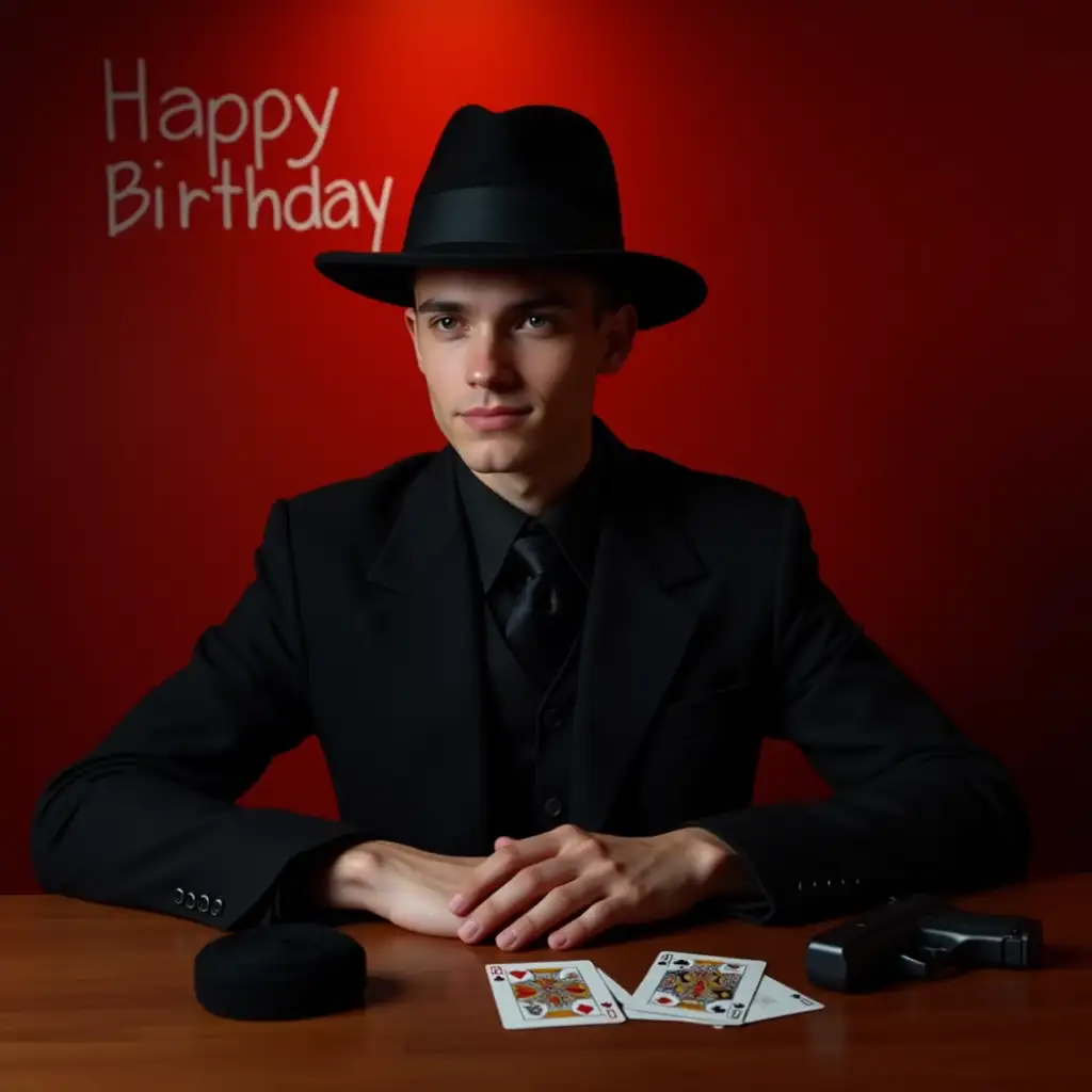 A young Mafia Don sits in a hat, in a black suit, on the table there are playing cards for the game 'mafia', a black bandage, a pistol. Red room, 'Happy Birthday' written on the wall, the Don's face is very clearly visible and illuminated