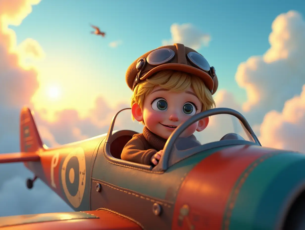 A fantastic and dreamy scene from a Pixar-style 3D animation, in 8K quality and stunning cinematic lighting. A young child, with golden hair and an innocent face, wears an old brown leather pilot's hat that is slightly too big for him. He sits in the cockpit of an old and colorful airplane with sparkling eyes and a smile full of wonder. The airplane is designed in a vintage style and full of details, golden sunlight shines in through its small windows. Outside, the blue sky, puffy and giant white clouds with a little pink and gold, fill the sky and the airplane flies peacefully and beautifully among them. The sunlight breaks through the edge of the clouds and creates stunning light effects. In the background, a beautiful and infinite blue sky is seen and a few small birds fly in the distance. The reflection of light on the plane's body and clouds gives the scene a magical and dreamy feel. The details of the child's skin, the texture of the hat's leather, and even the dust particles in the air are carefully designed. This image 'It is so real and charming that it captivates the viewer and takes them to a childish fantasy world.'