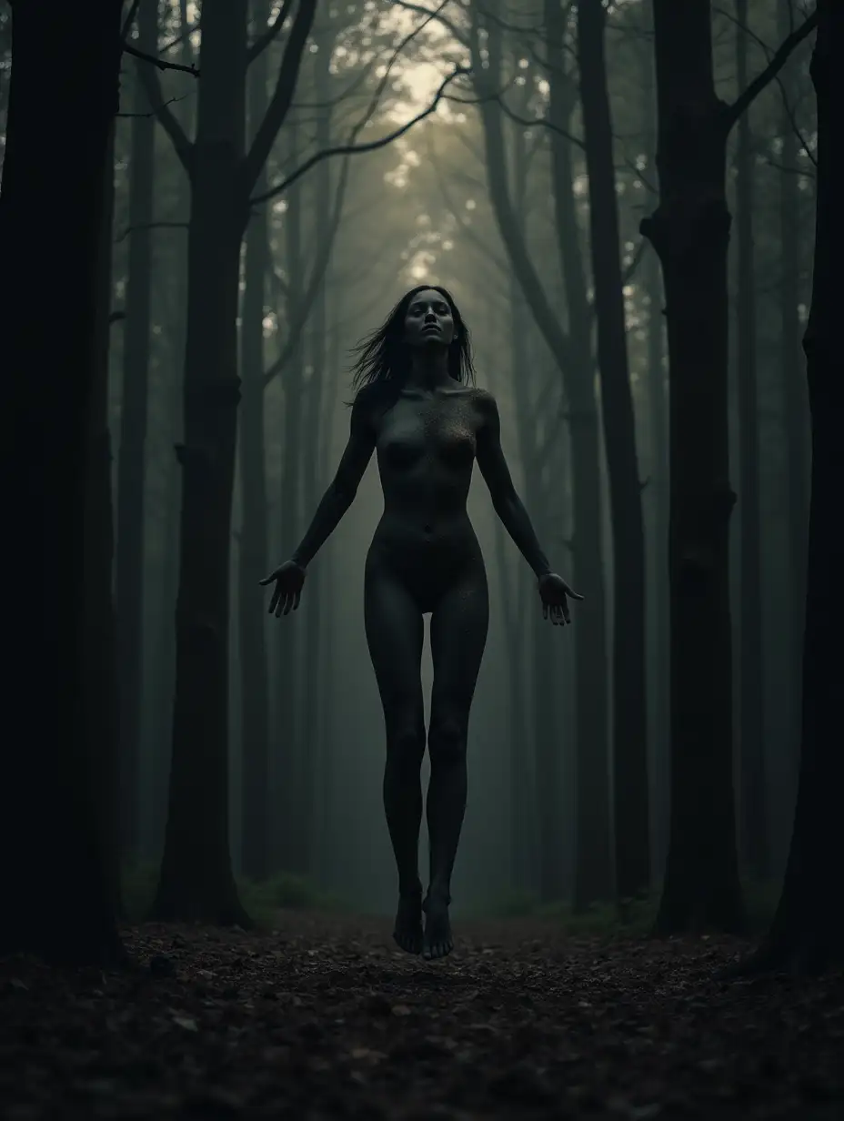 Background - dark, tall tree trunks in the forest. On this background stands a full-height figure. The figure has one pair of legs, but its body, as if in a dance, divides into two halves - male and female