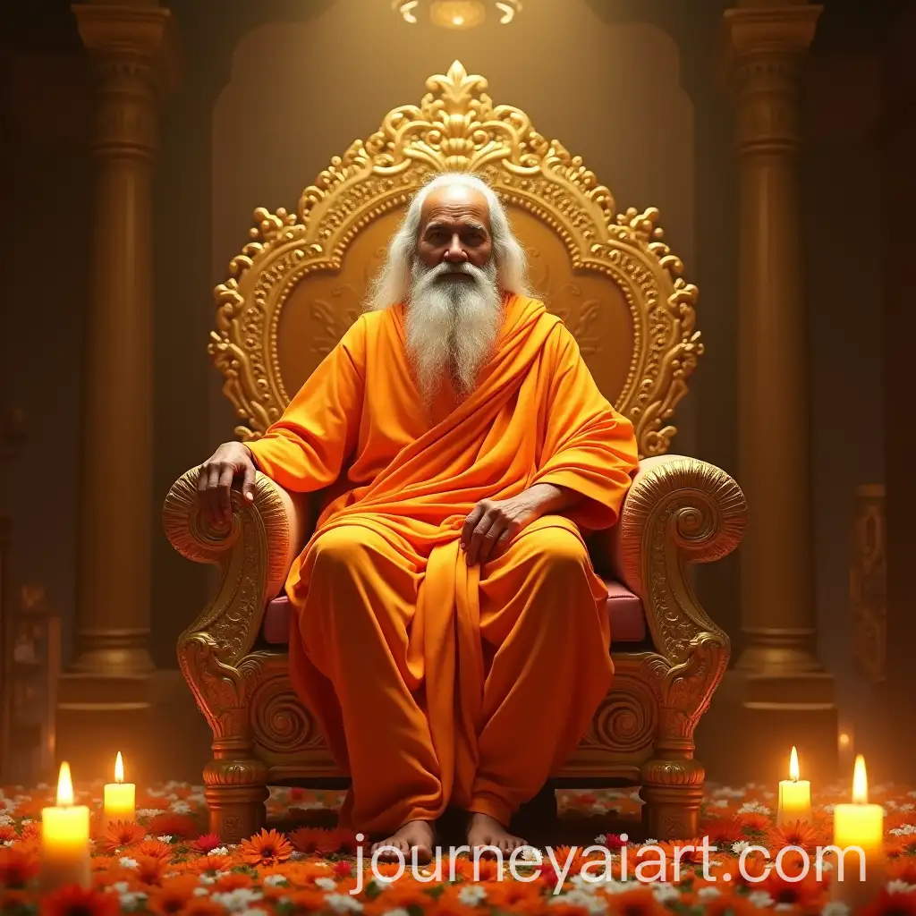 Sai-Baba-on-Golden-Throne-Surrounded-by-Lamps-and-Flowers