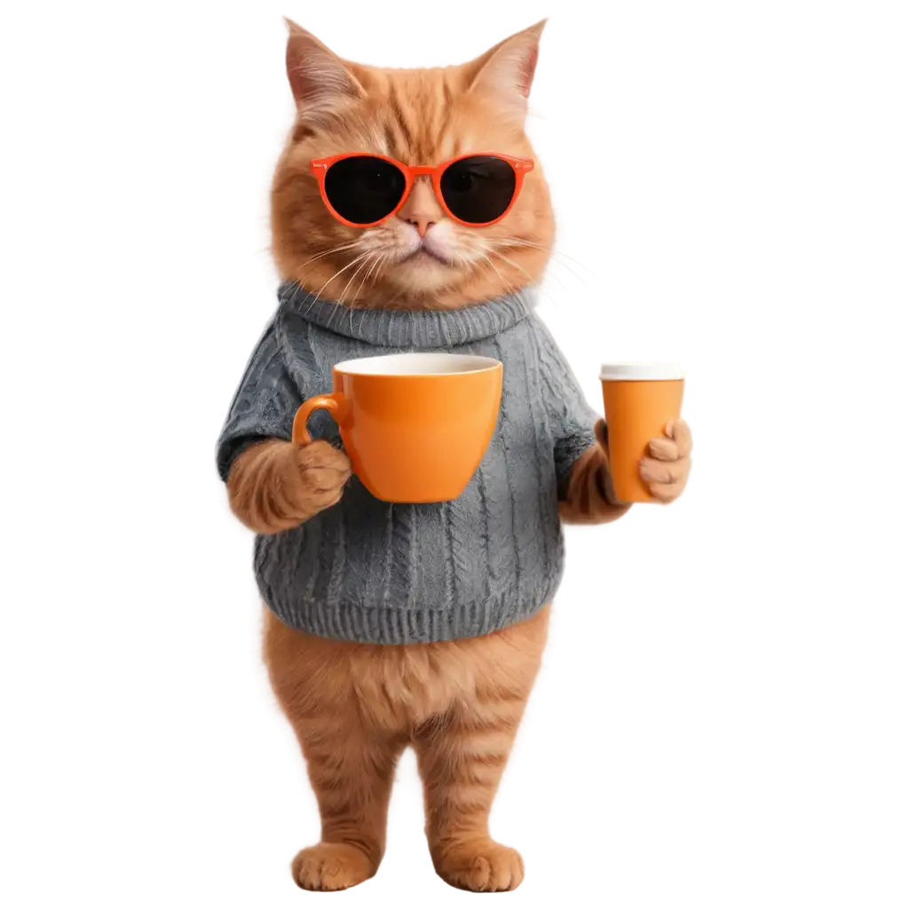 a cat wearing sunglass, sipping coffe from a mug