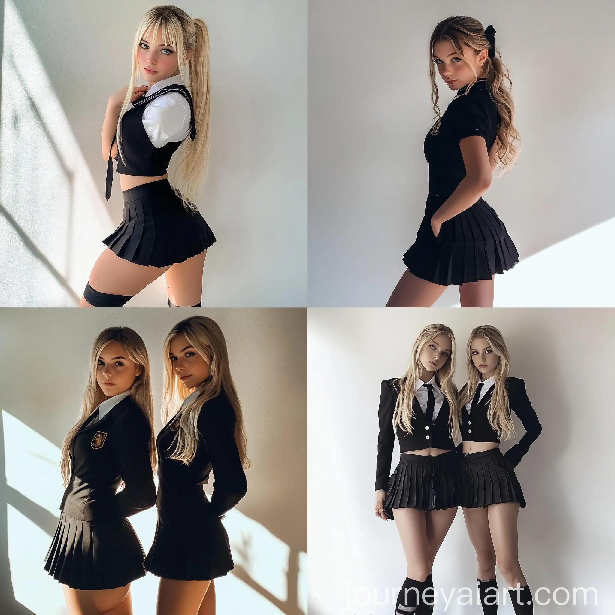 Blonde-Women-in-Black-School-Uniforms-Posing-at-Photography-Studio