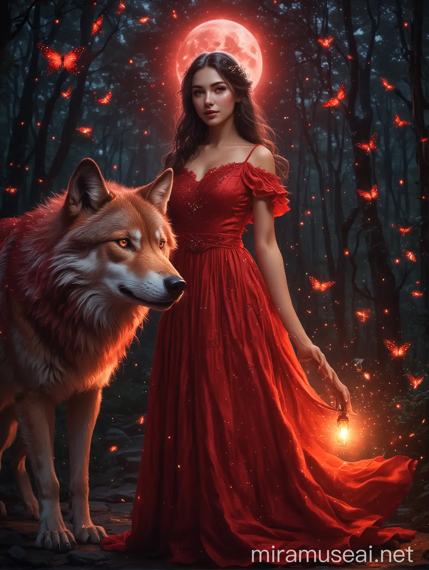 Elegant Woman with Luminous Wolf and Fireflies at Night
