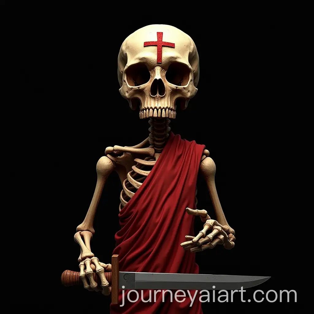 Rotten-Skull-with-Cross-Mark-and-Red-Tunic-HoldingAI-Image-Prompt-Expansion-Knife-Against-Black-Background