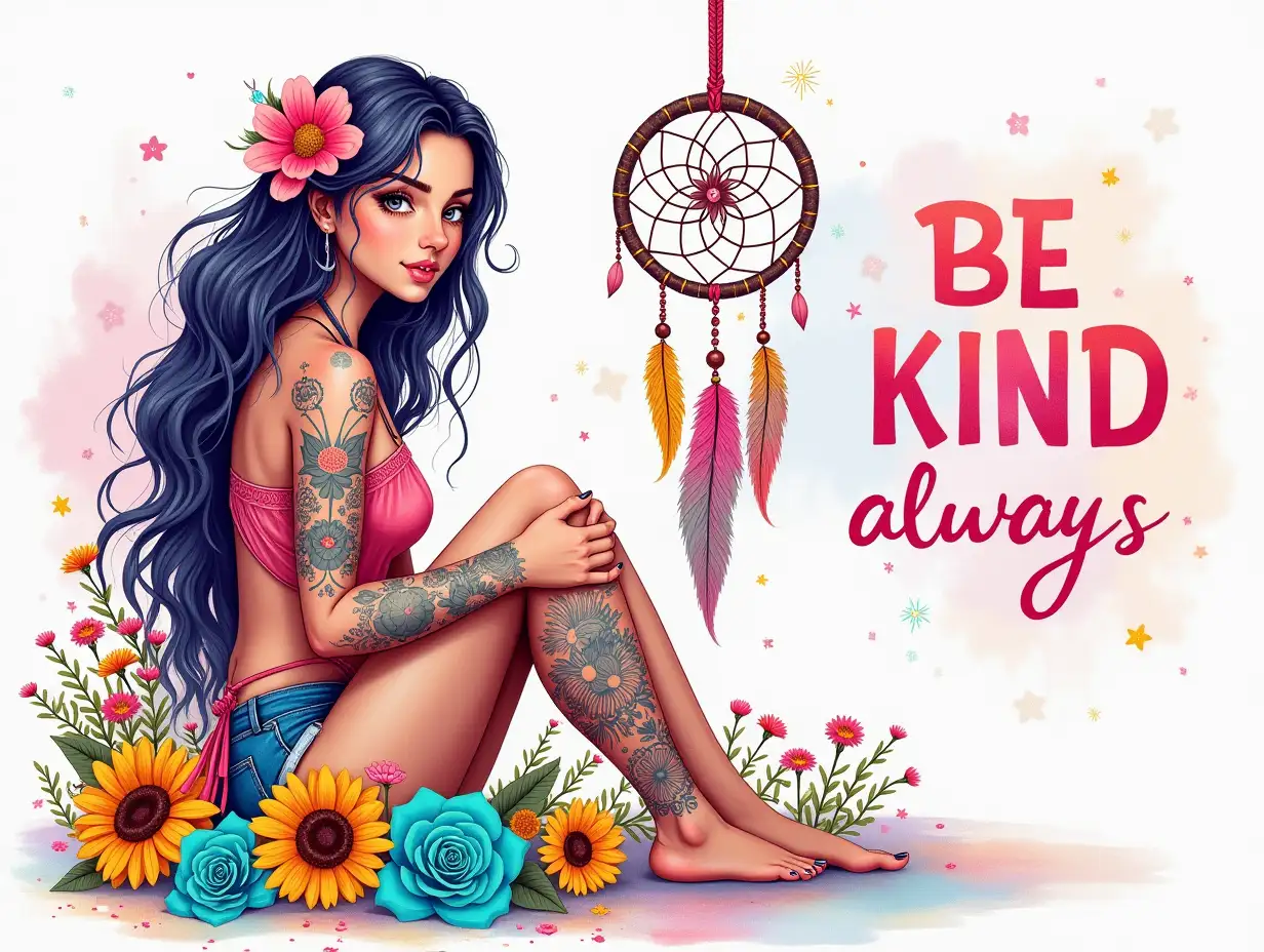 neon-style, Watercolor Art. A vibrant, hyperrealistic illustration featuring a serene young woman with long, flowing hair adorned with colorful flowers. She is seated amidst a lush array of sunflowers, pink daisies, and turquoise roses. Her body is artistically decorated with intricate tattoos that complement the floral theme. To her right, a beautifully crafted dreamcatcher hangs, decorated with colorful feathers and beads, adding a bohemian touch. The background is filled with sparkling glitter and abstract pastel splashes, enhancing the overall whimsical feel of the scene. Prominently displayed in bold, stylish text is the phrase 'BE KIND always,' blending seamlessly with the radiant colors of the setting. The aesthetic is bright and cheerful, emphasizing themes of positivity and nature.