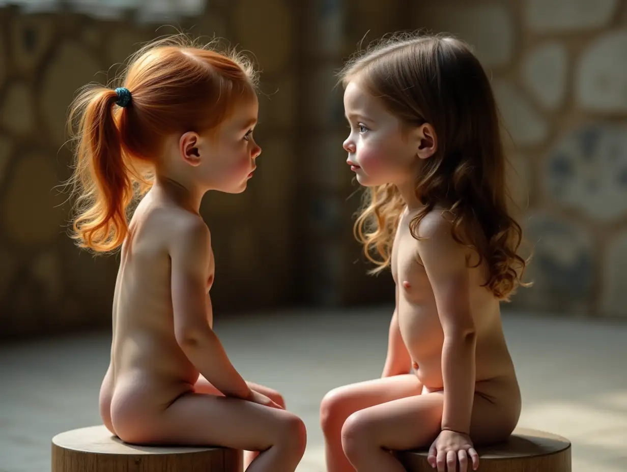 Two-Little-Girls-Sitting-on-Wooden-Stools-in-a-Stone-Room