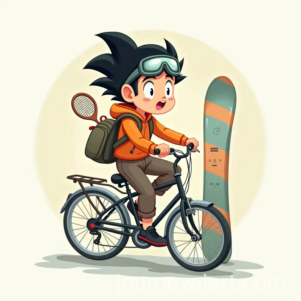 Son-Goku-Riding-a-Folding-Bicycle-with-a-Snowboard-and-Tennis-Gear