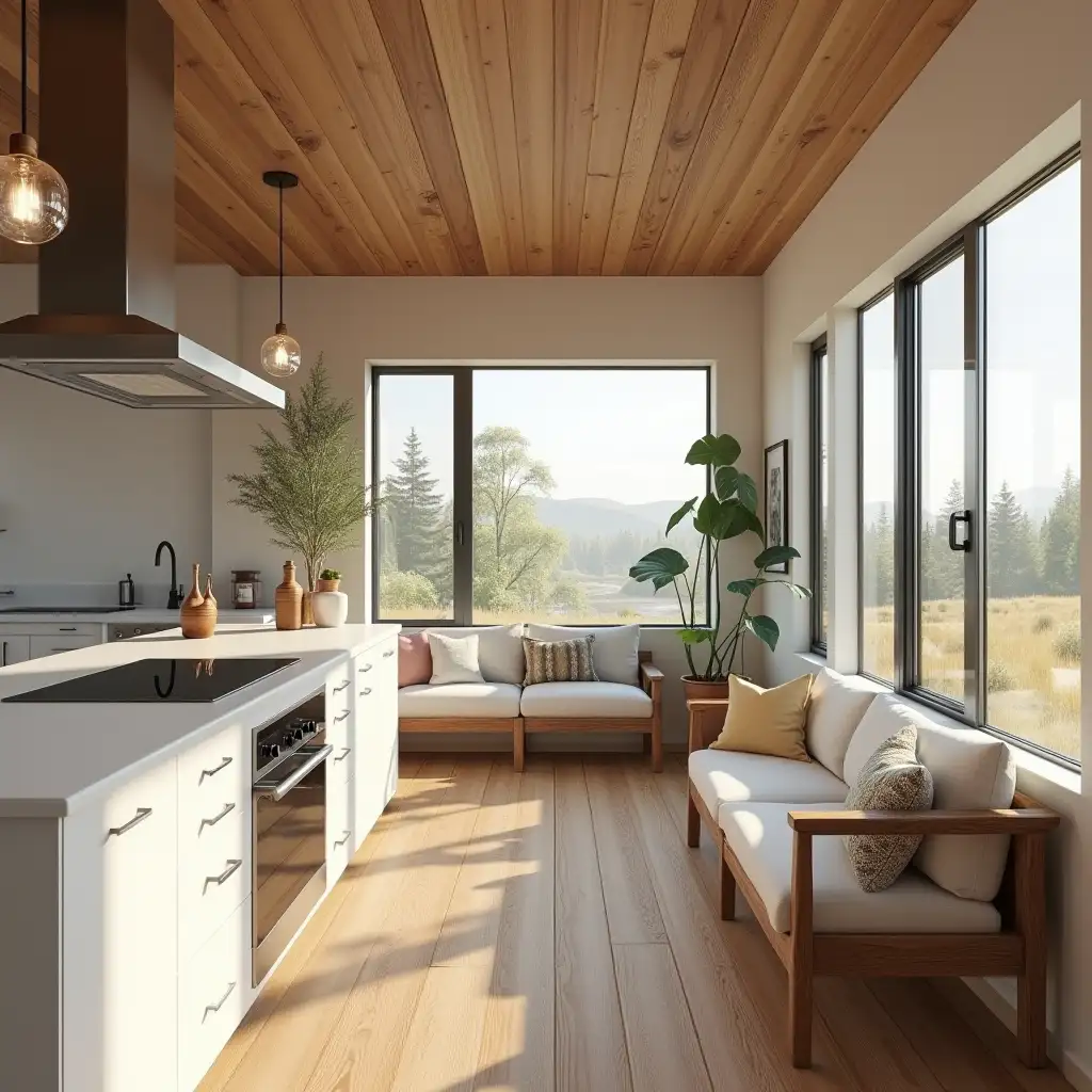 a scene of  tiny house  interior design. in right across   there are corner seating set . in behind of corner set    there is a huge window wall to wall which somebody can see outside. side of scene  there are a kitchen countertop and in front of kitchen countertop there is a window from floor to ceiling  . wall and ceiling covered massive wood painted creams tones  . there are hanging lamps 