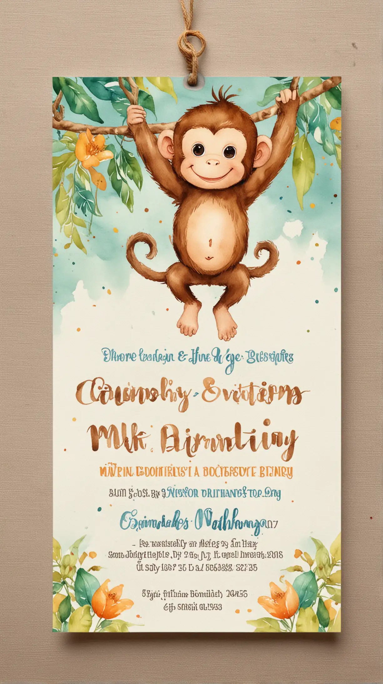 Watercolor Cute Hanging Monkey Birthday Invitation