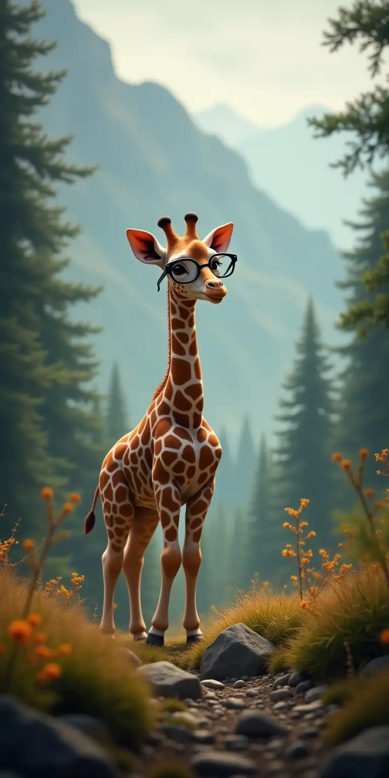 small baby Giraffe with glasses  in the  far space  in the mountains forest