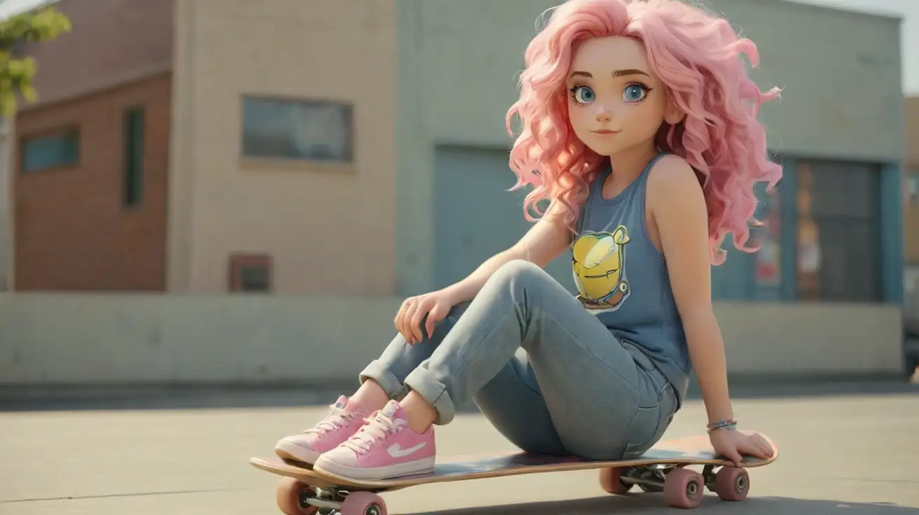 25 year old girl, Blue Bright eyes, looking away, girl sitting on a skateboard drinking lemonade, blonde curly hair, pink hair strands, blue jeans, Long shot, Sharp focus, full length, colorful sneakers, –ar 2:3