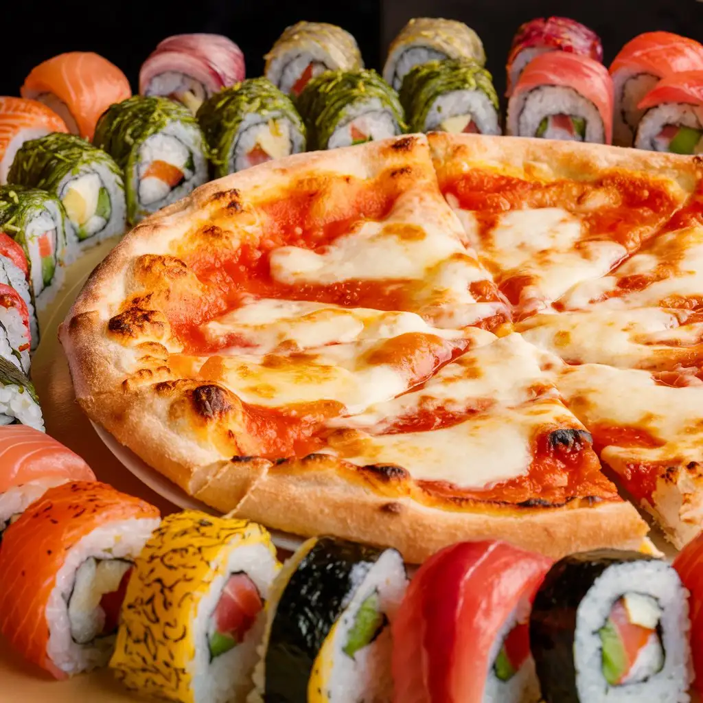 Assorted-Sushi-and-Rolls-with-Pizza-on-Table