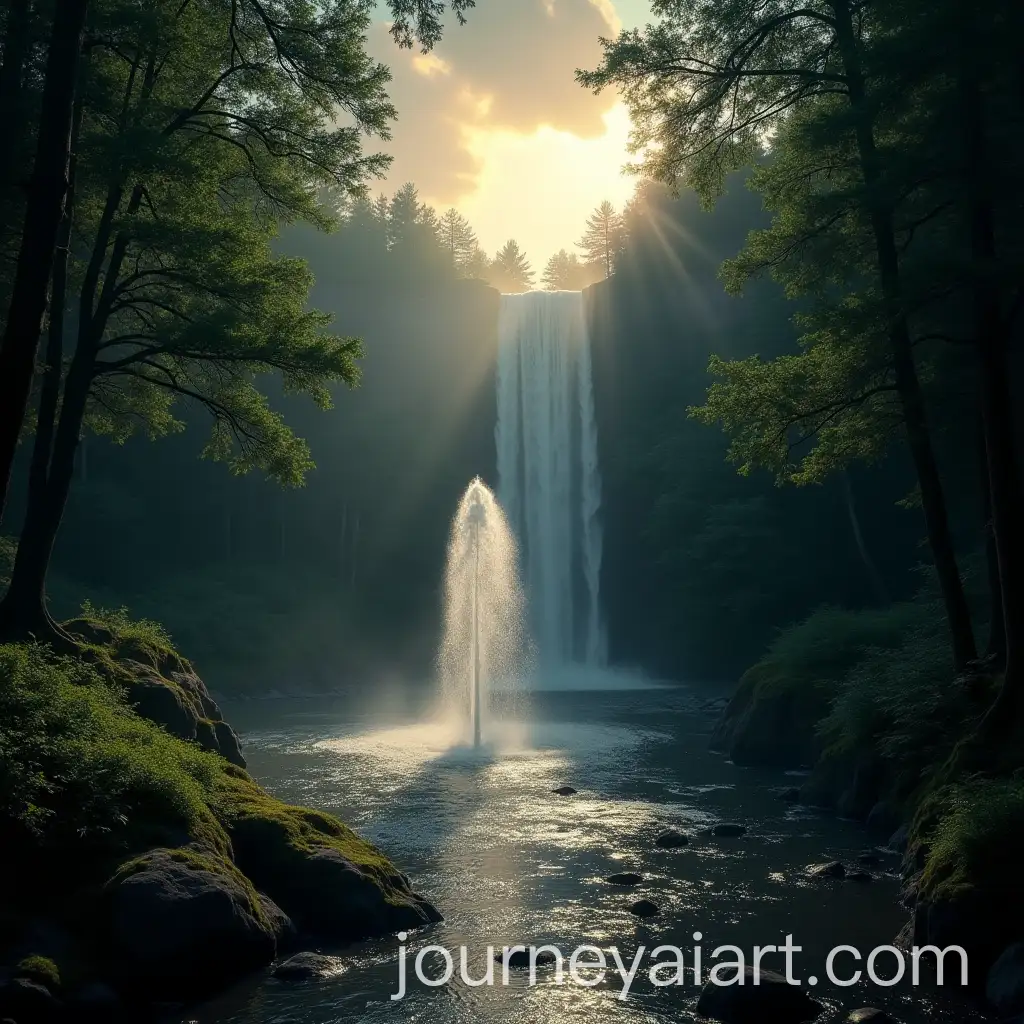 Forest-Fountain-Surrounded-by-Sunlight-and-Gathering-Storm-Clouds