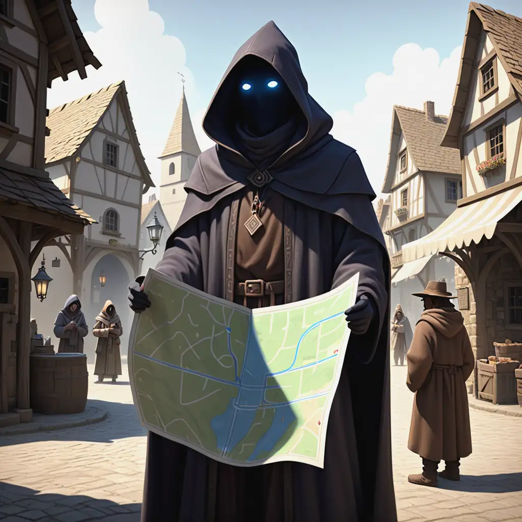 Mysterious Cloaked Figure with Map in Village Square