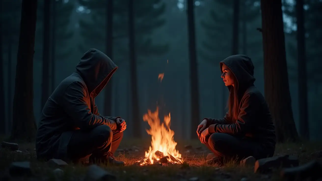 The hooded man and a woman sit on opposite sides of a low fire in a forest at night. They do not speak. Their bodies are relaxed but alert. The firelight dances across their faces and surrounding trees.